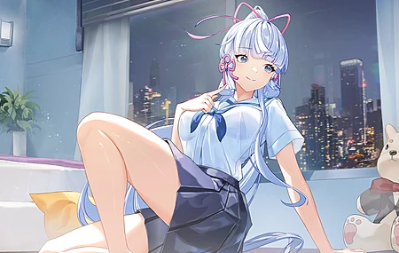 蓝头发 蓝眼睛 室内女人 女学生 侧视 马尾辫 微笑  电脑壁纸 4K壁纸