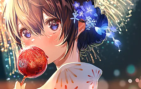 黑发 看向别处 脸 动漫 动漫女孩 烟火 吃东西  电脑壁纸 4K壁纸