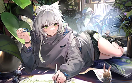 躺在一边 动漫 动漫女孩 树叶 植物 电脑壁纸 4K壁纸