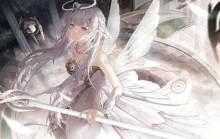疯狂 动漫 动漫女孩 惩罚 连衣裙 翅膀 银发  电脑壁纸 8K壁纸