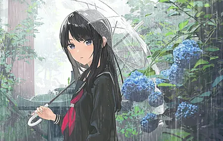 动漫女孩 雨 伞 花 校服 树叶  电脑壁纸 4K壁纸