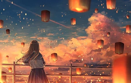 黑发 花森 动漫 动漫女孩 日落 天灯 夜灯 电脑壁纸 4K壁纸