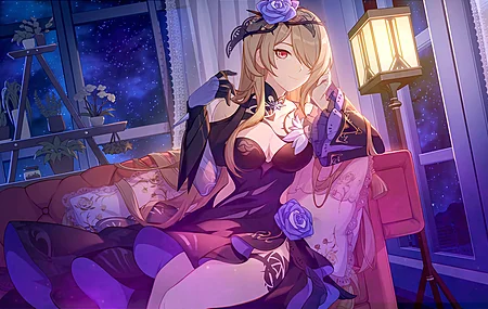 微笑 红眼睛 坐在沙发上 动漫女孩 丽塔·罗斯威斯 电脑壁纸 4K壁纸