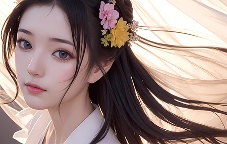 亚洲 女性 脸 长发 人工智能艺术 头发里的花  电脑壁纸 4K壁纸