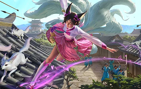 阿赫里 英雄联盟 黑发 连衣裙 粉色衣服 奔跑 打斗 电脑壁纸 4K壁纸