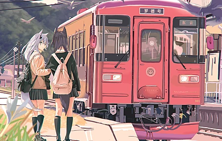 动漫 动漫女孩 火车 裙子 校服 狼女 电脑壁纸 4K壁纸