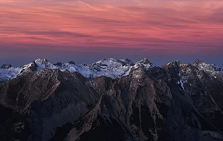 风景 山脉 天空 日落 雪峰 云彩 红天  电脑壁纸 4K壁纸