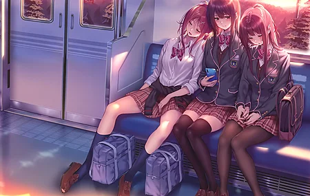 女性三人组 女性团体 动漫女孩 校服  火车 睡眠  电脑壁纸 4K壁纸