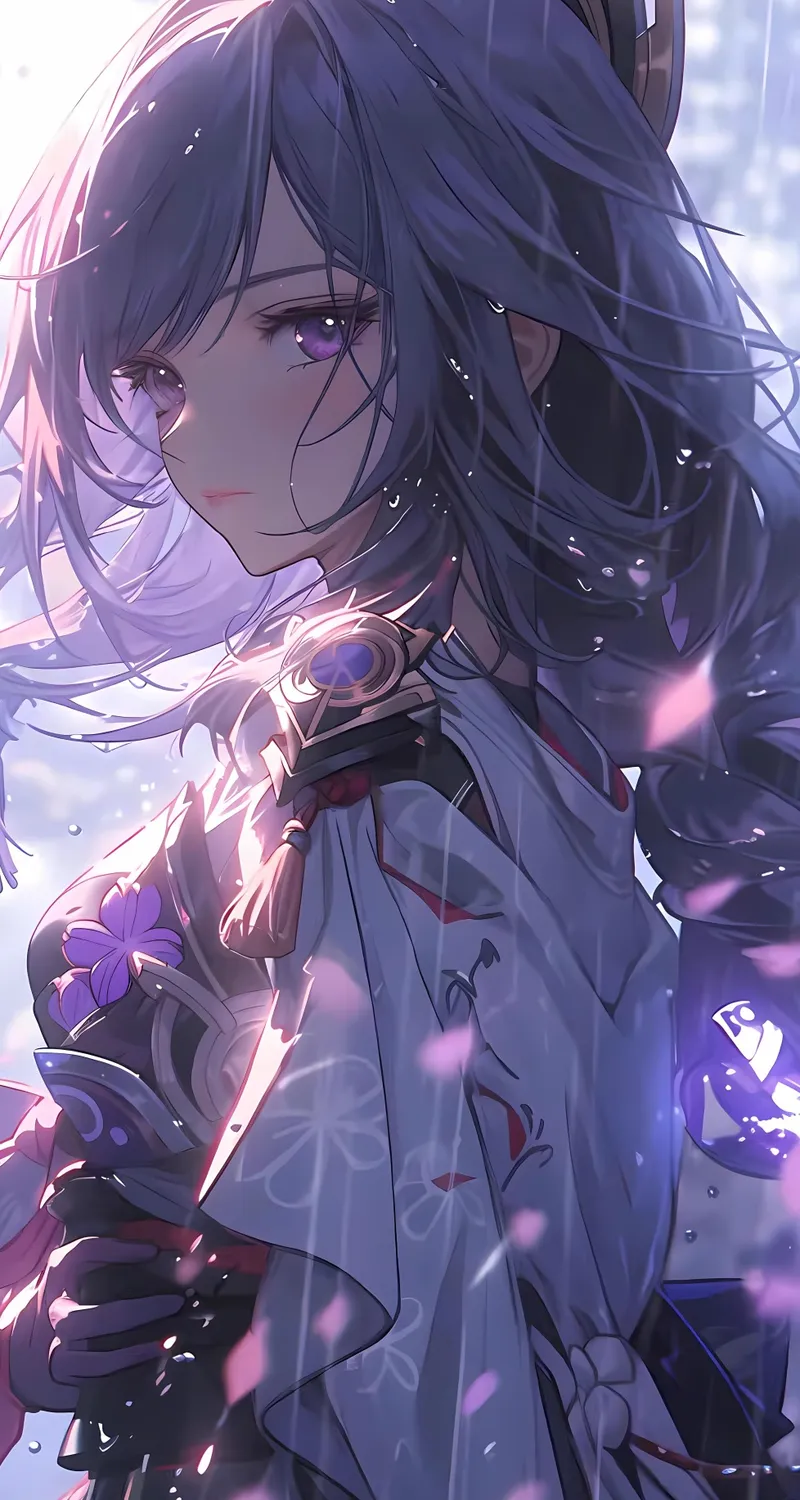 动漫女孩 紫色的眼睛 雨 武器 剑 花瓣 艺术 手机壁纸 8K壁纸