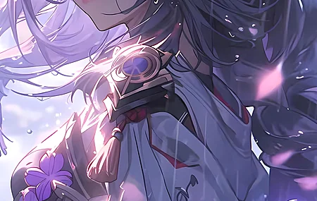 动漫女孩 紫色的眼睛 雨 武器 剑 花瓣 艺术 手机壁纸 8K壁纸