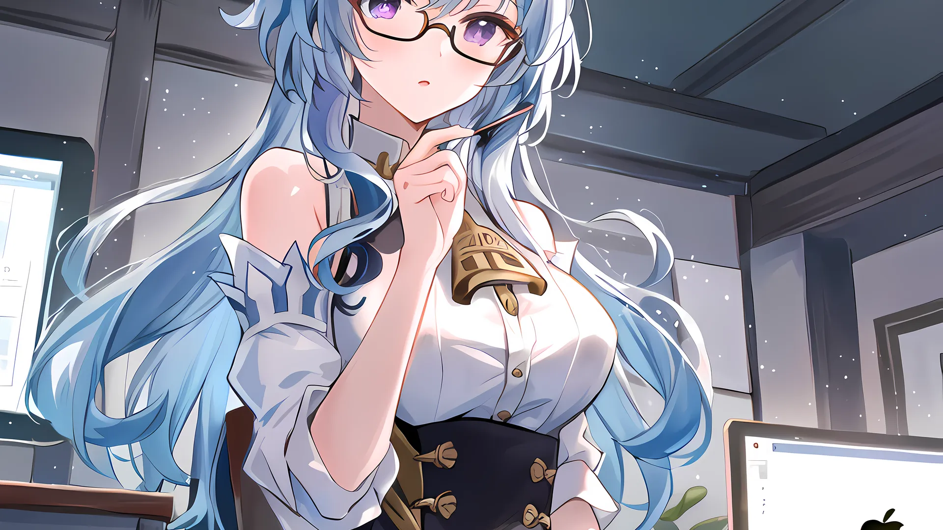 蓝头发 动漫女孩 眼镜 紫眼 4K壁纸