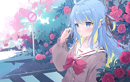 动漫 动漫女孩 校服 站牌 玫瑰 雨 双色调头发  电脑壁纸 4K壁纸