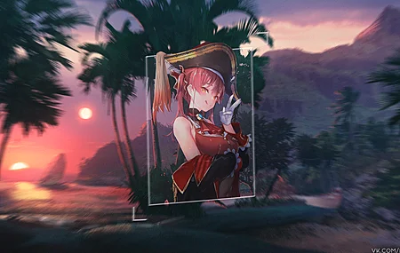 红发 海盗帽 异瞳 水印 棕榈树  电脑壁纸 4K壁纸