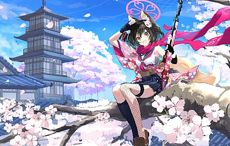 坐着  短发 狐狸耳朵 蔚蓝档案 蔚蓝档案 天空 云 花瓣  电脑壁纸 4K壁纸