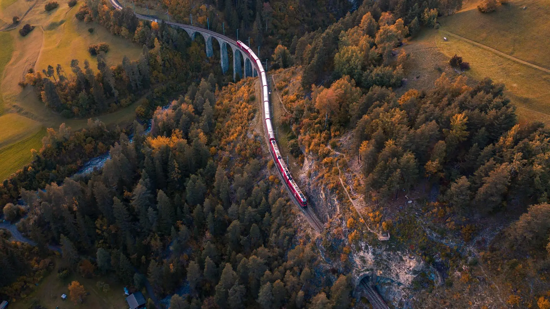 火车 鸟瞰 瑞士 桥梁 铁路 自然 森林 高架桥 隧道  电脑壁纸 4K壁纸