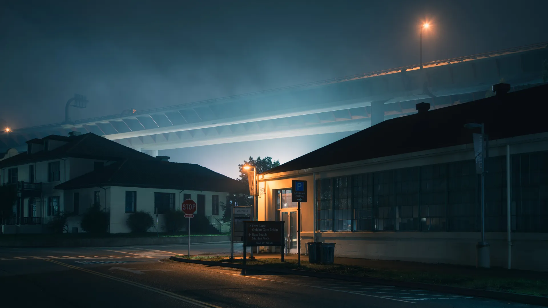 城市 夜间 薄雾 郊区 霓虹灯 路灯 道路 路标  电脑壁纸 4K壁纸