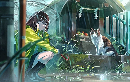动漫 动漫女孩 猫 雨 伞  电脑壁纸 4K壁纸