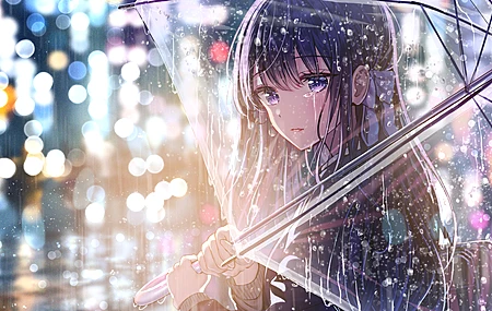 眼泪 樱花 艺术家 雨伞 雨 动漫女孩 灯光  电脑壁纸 4K壁纸