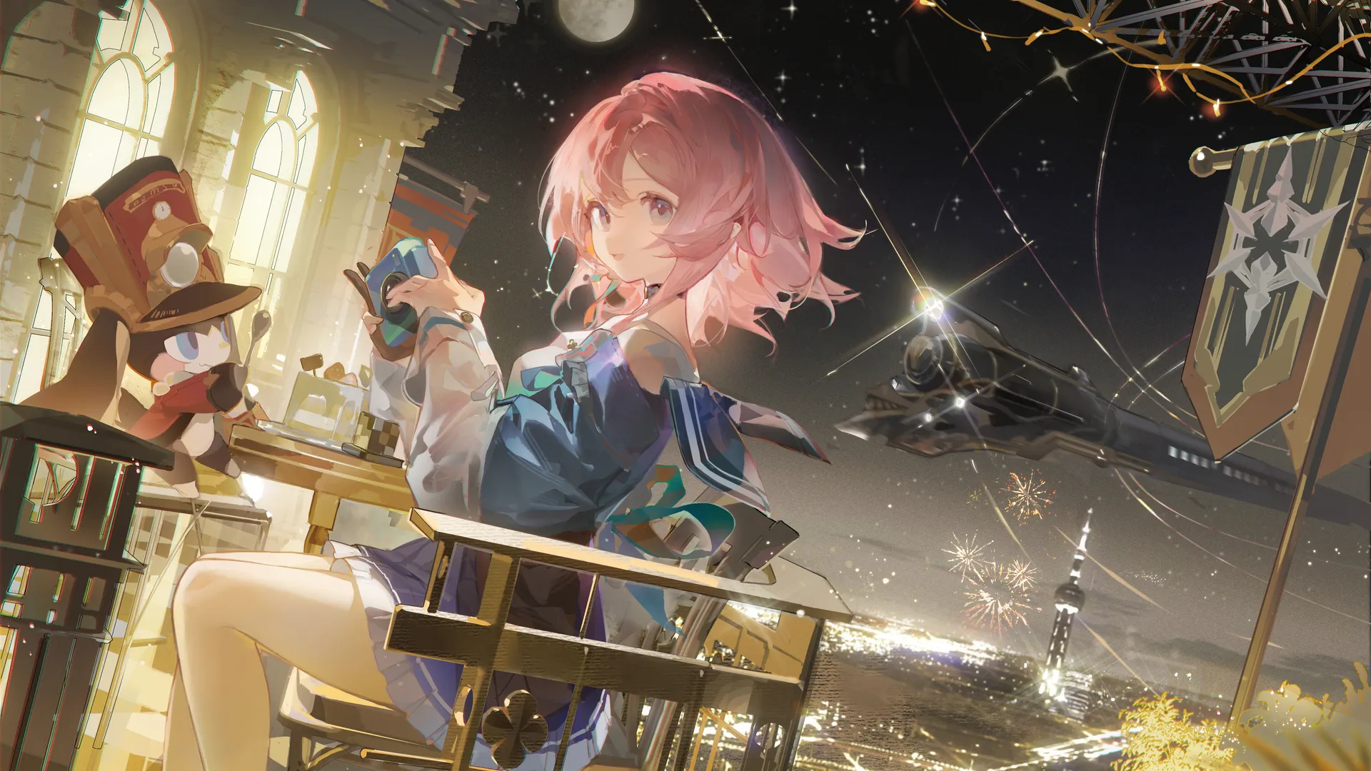 短发 坐着 动漫女孩 相机 城市灯光 烟花 建筑 旗帜 月亮  电脑壁纸 4K壁纸