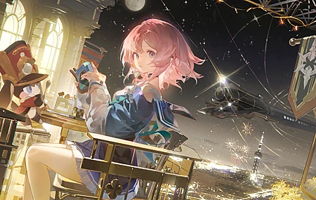 短发 坐着 动漫女孩 相机 城市灯光 烟花 建筑 旗帜 月亮  电脑壁纸 4K壁纸