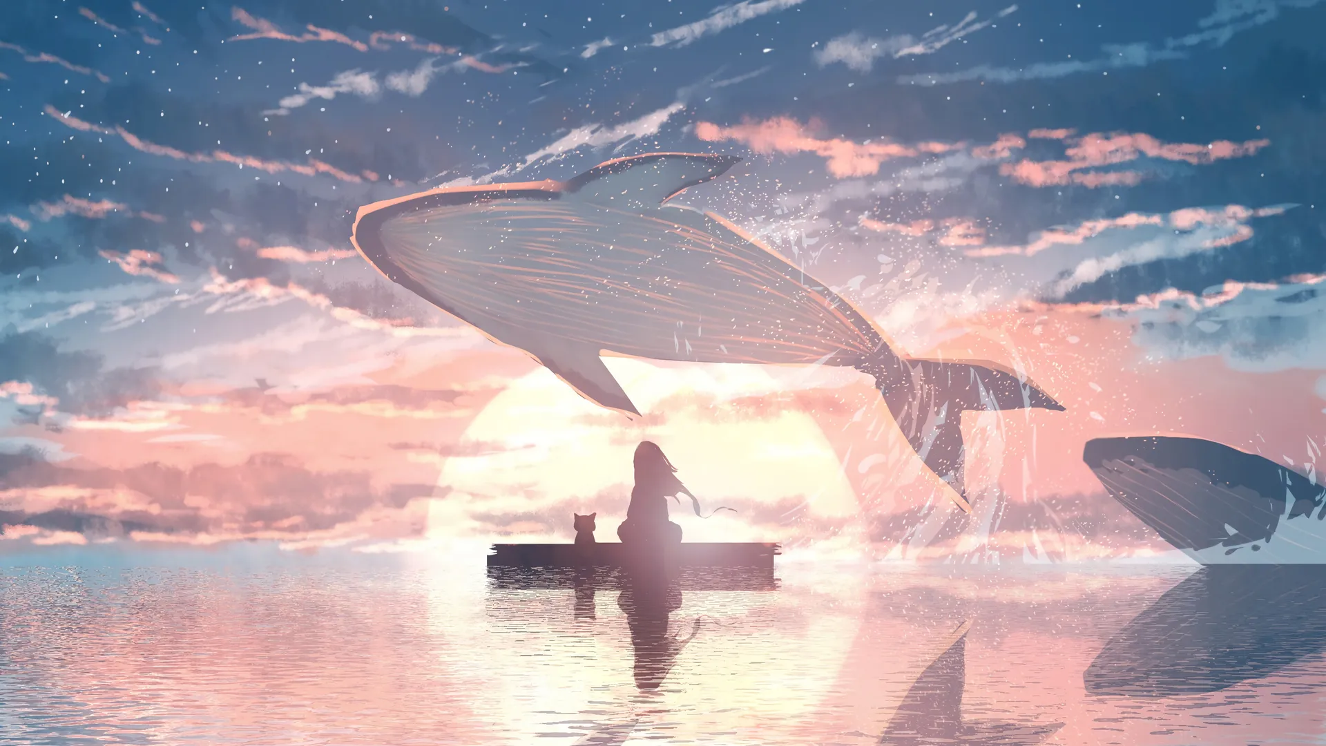 海 动漫女孩 夕阳 鲸鱼 水 云 动物 电脑壁纸 4K壁纸