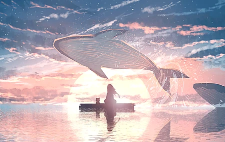 海 动漫女孩 夕阳 鲸鱼 水 云 动物 电脑壁纸 4K壁纸