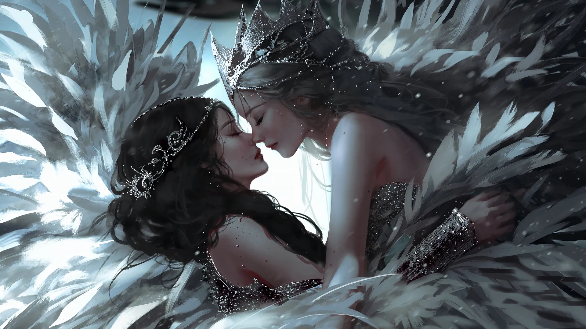  深色头发 女孩 闭上眼睛 羽毛 珠宝 皇冠 灰色头发 翅膀  电脑壁纸 4K壁纸