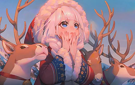 蓝眼睛 白发 动漫女孩 冬天 圣诞节 鹿  电脑壁纸 4K壁纸
