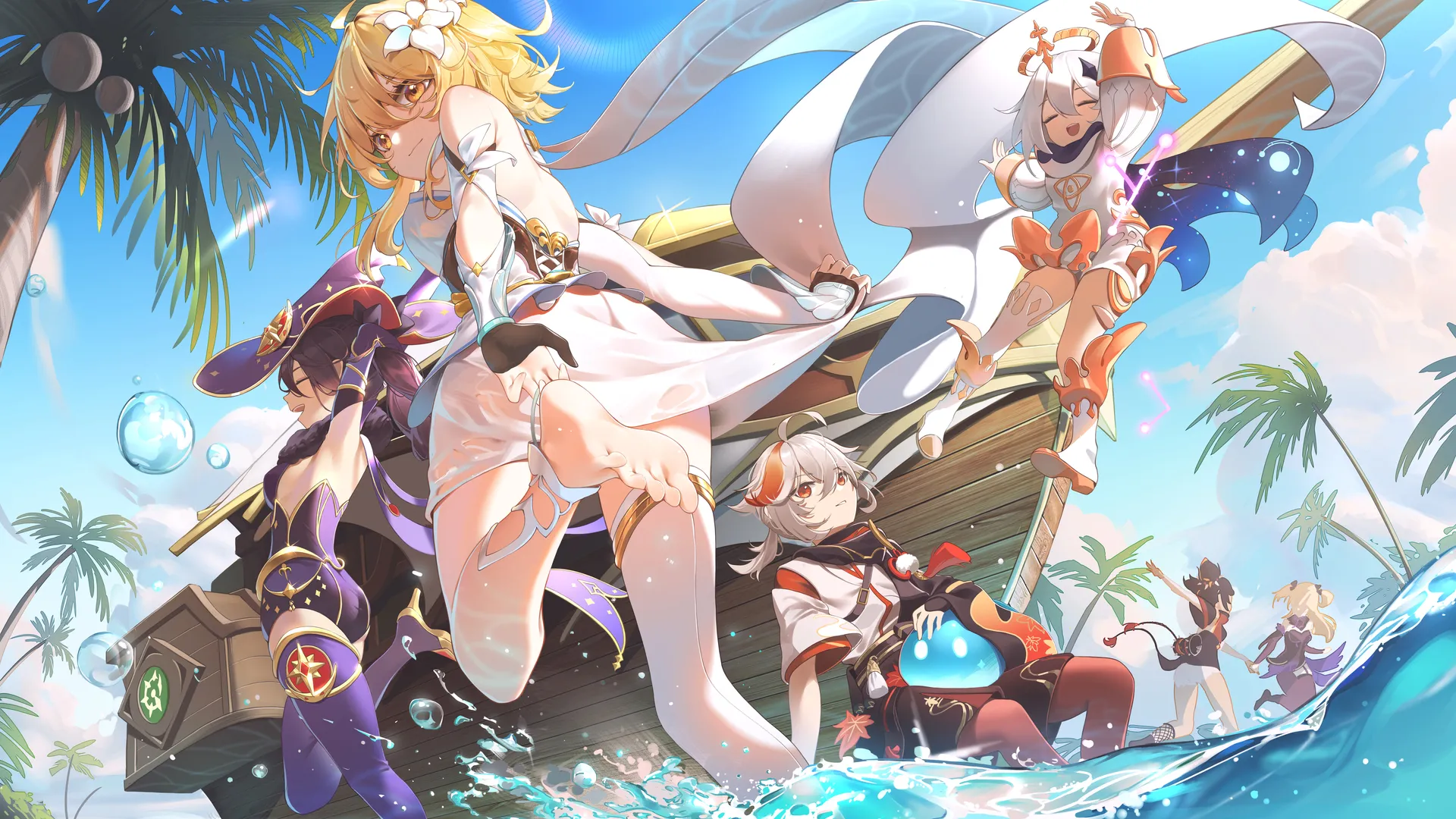 观看者 动漫 动漫女孩 原神海滩 棕榈树  电脑壁纸 8K壁纸