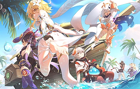 观看者 动漫 动漫女孩 原神海滩 棕榈树  电脑壁纸 8K壁纸