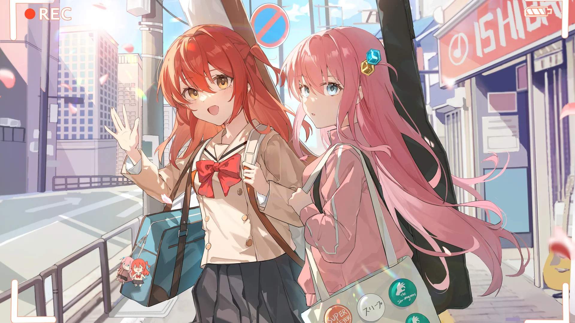 挥手 女学生 长发 站着 粉色头发 红发 蓝眼睛 动漫 动漫女孩  电脑壁纸 4K壁纸