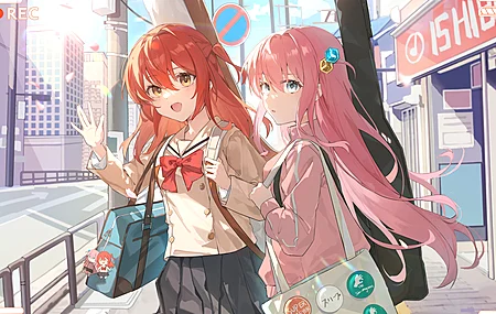 挥手 女学生 长发 站着 粉色头发 红发 蓝眼睛 动漫 动漫女孩  电脑壁纸 4K壁纸