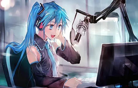 长发 蓝头发 蓝眼睛 动漫 动漫女孩 小提琴 初音 耳机 麦克风  电脑壁纸 4K壁纸