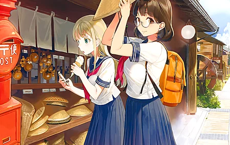 女学生 眼镜 动漫女孩 校服 书包 冰淇淋  电脑壁纸 4K壁纸