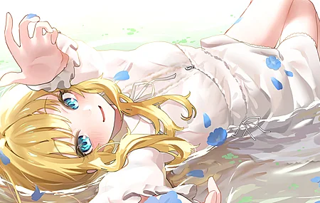 仰面躺着 微笑 蓝眼睛 动漫 动漫女孩 连衣裙  电脑壁纸 4K壁纸