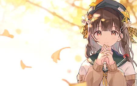 深色头发 动漫 动漫女孩 AI艺术 肖像 秋天 校服 帽子 棕色眼睛  电脑壁纸 4K壁纸