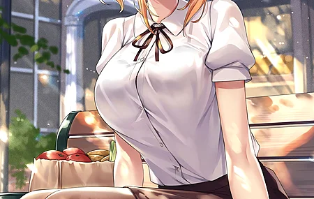 红发 艺术家 动漫女孩 连裤袜 长凳 食物 紫色眼睛 手机壁纸 4K壁纸