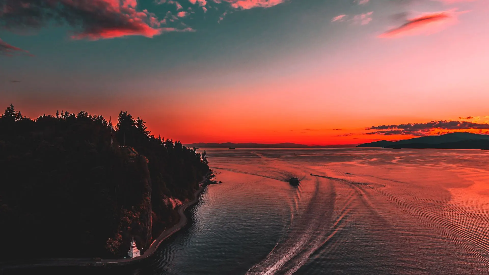 风景 自然 森林 树木 天空 加拿大温哥华 日落 船  手机壁纸 4K壁纸