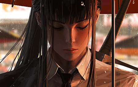 黑发 原创人物 奇幻女孩 马尾辫 闭眼 雨 伞 素描 肖像  电脑壁纸 4K壁纸