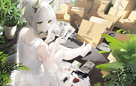  绿眼睛 白发 猫咪女孩 动漫 动漫女孩 猫耳 植物 卡西 电脑壁纸 4K壁纸