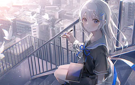 小鱼 蓝眼睛 动漫 动漫女孩 城市风光 银发  电脑壁纸 4K壁纸