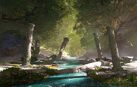  插图 森林 树木 自然 柱子 建筑 环境 河流 废墟 奇幻艺术  电脑壁纸 4K壁纸
