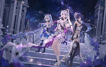 女子三人组 马尾辫 长发 原神 动漫 动漫女孩  电脑壁纸 8K壁纸