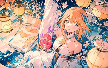 渐变头发 蓝眼睛 短发 桃花 灯笼 动漫女孩 双色调头发  电脑壁纸 4K壁纸