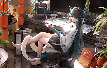 龙女孩 动漫女孩 兽耳 食物 角  电脑壁纸 4K壁纸