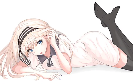 长发 赤脚 侧卧 蓝色眼睛 触摸头发 曲线 脚在空中  电脑壁纸 4K壁纸