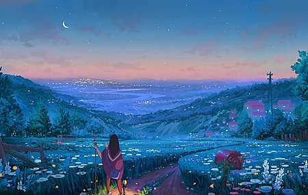 女人 晚上 草 月亮 树 路 AI艺术  电脑壁纸 4K壁纸