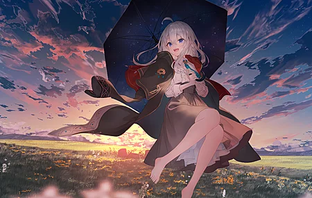 嘴巴 赤脚 动漫女孩 户外 天空宫殿 花瓣 电脑壁纸 4K壁纸