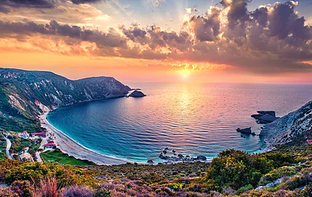 风景 海滩 海 天空 日落 五颜六色 岛屿 海岸 自然 水 希腊  电脑壁纸 8K壁纸