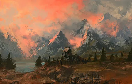  白山 日落 风景 橙色天空 长老卷轴 扇形艺术 雾 云 电脑壁纸 4K壁纸